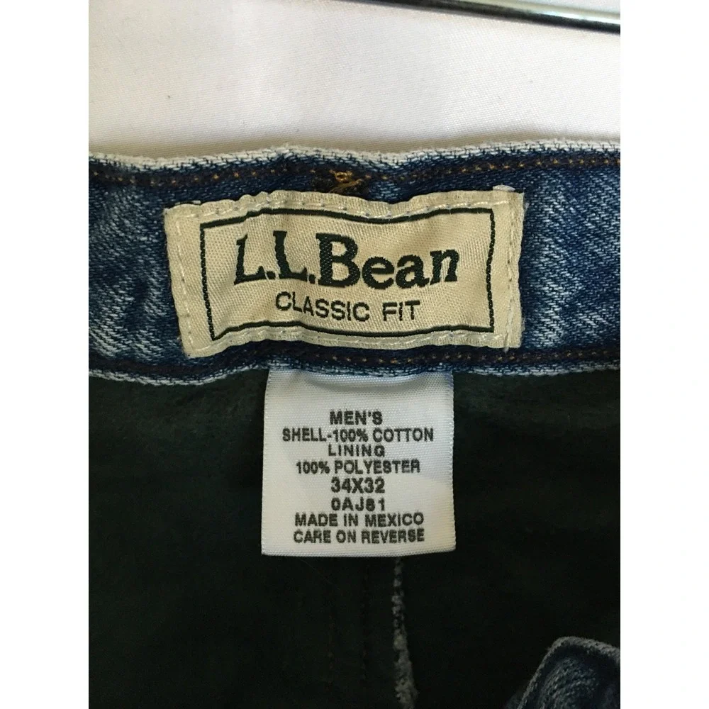 LL Bean Mens Flannel Lined Jeans Classic Fit Blue Denim 34x32 Fleece Warm